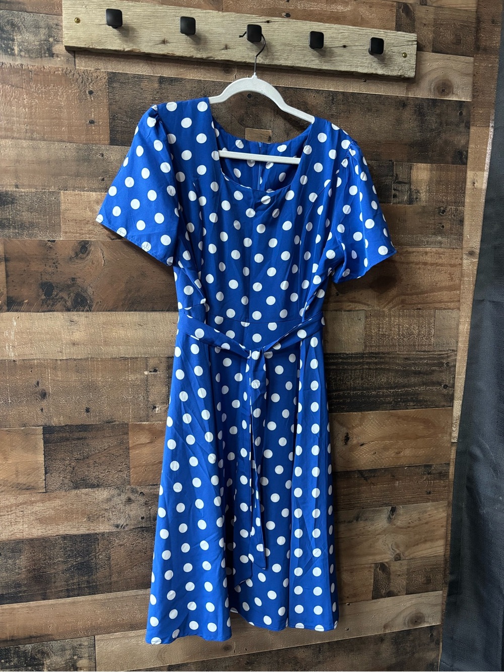 Polka Dot Tie-Waist Midi Dress in Royal Blue